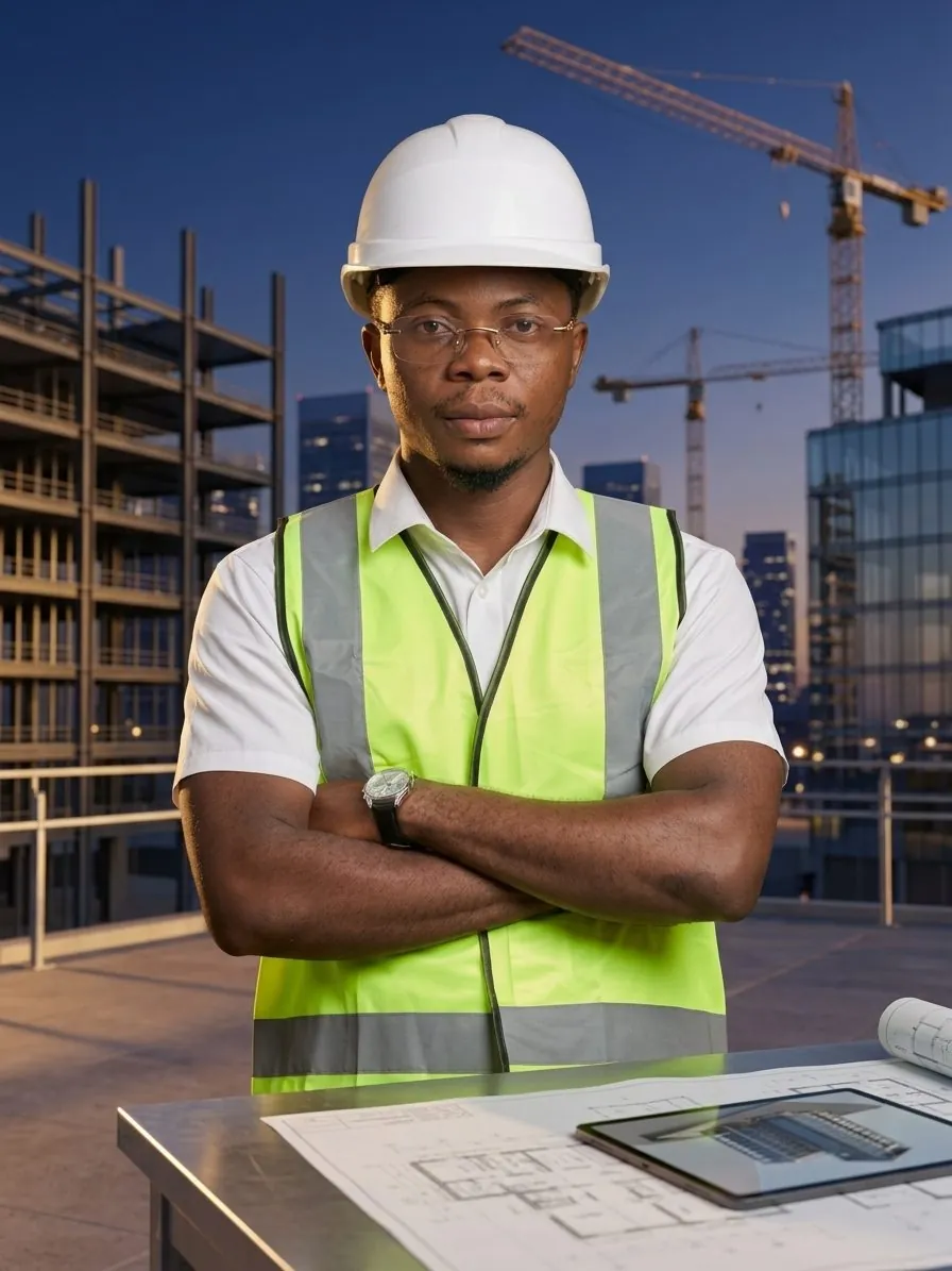 L'Ing. BIKOI Rochelin sur un chantier, plans et tablette devant lui